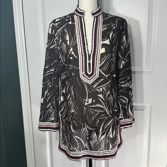 Tory Burch Other - Tory Burch Beach Tunic Brown Palm Fronds Tropical Flamingo Size 6 Sequins